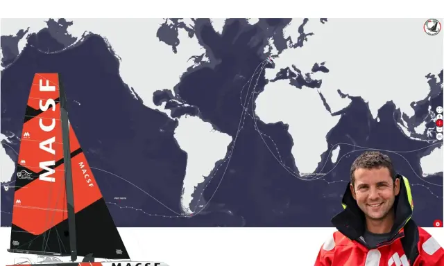 Guirec Soudée et sa cartographie de ses voyages autour du monde, avec son bateau MACSF et une carte du monde.