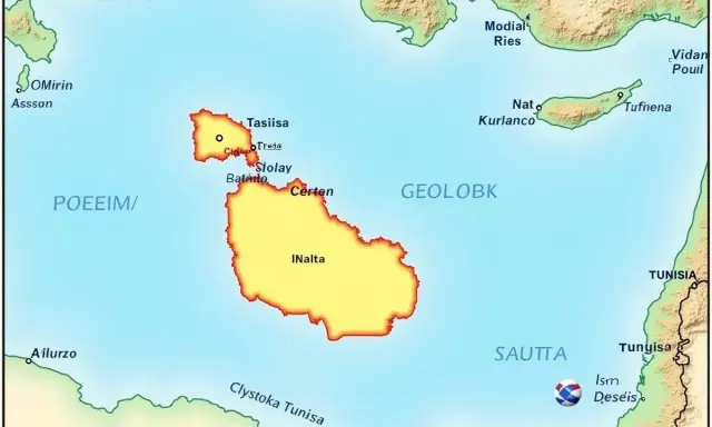 Malta na mapie Europy, jako żółta wyspa pośrodku błękitnego morza, otoczona nazwami miast i regionów.