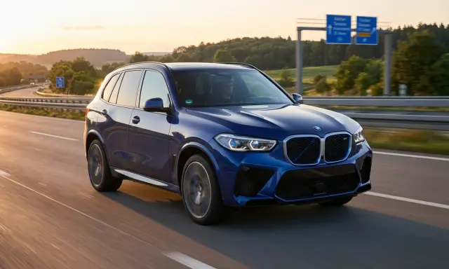 Blauer BMW iX5 Elektro fährt auf der Autobahn bei Sonnenuntergang.