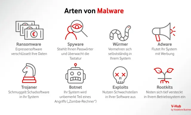Übersicht über verschiedene Arten von Malware: Ransomware, Spyware, Würmer, Adware, Trojaner, Botnet, Exploits und Rootkits.