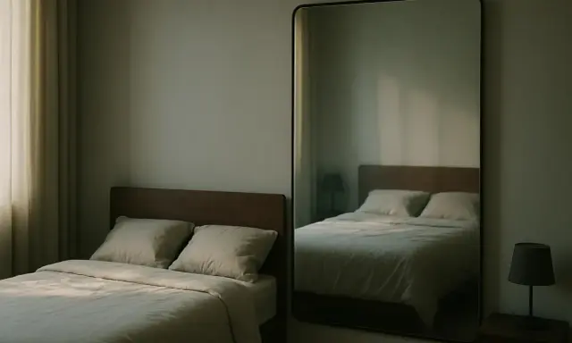 Un grand miroir en face du lit reflète la chambre, créant une impression d'espace et de sérénité. La lumière douce filtre à travers les rideaux.