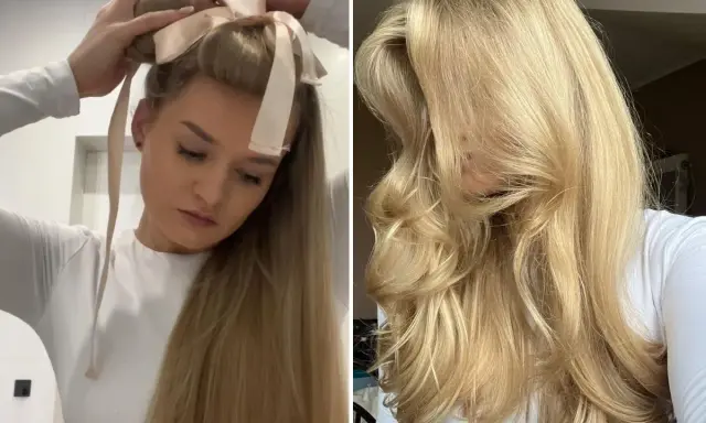 Blondynka z falowanymi włosami po trwałej układa je za pomocą wstążki. Efekt: bujne loki.