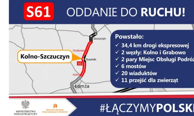 Mapa pokazuje nową trasę S61 od Kolna do Szczuczyna. Powstało 34,4 km drogi ekspresowej, 2 węzły, 2 MOP-y, 6 mostów, 20 wiaduktów i 11 przejść dla zwierząt.