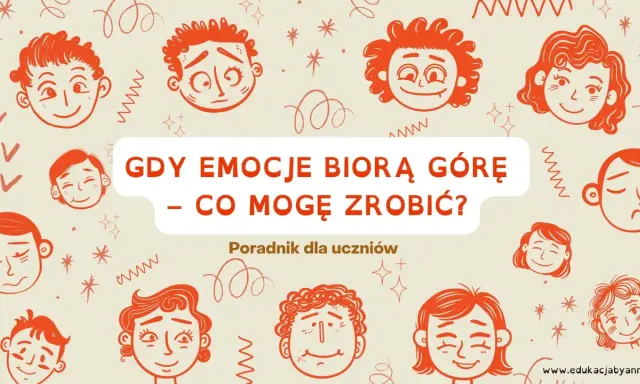Rysunki dzieci wyrażają różne emocje, od radości po smutek, odzwierciedlając ambiwalencję uczuć. Poradnik "Gdy emocje biorą górę – co mogę zrobić?" dla uczniów.