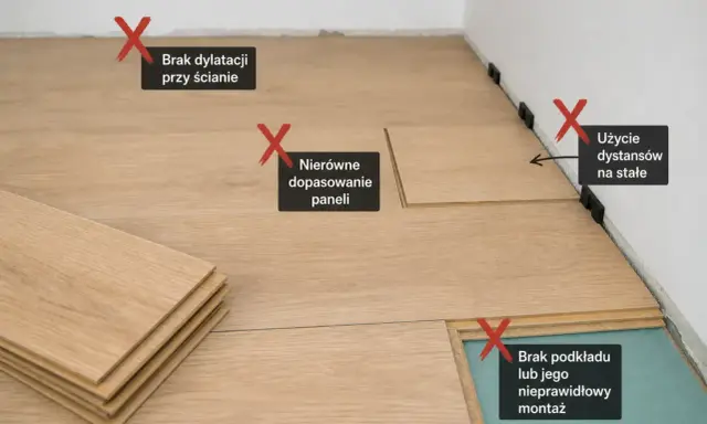 Błędy przy układaniu paneli: brak dylatacji, nierówne dopasowanie, użycie dystansów na stałe, brak podkładu. Poznaj prawidłowy wzór.