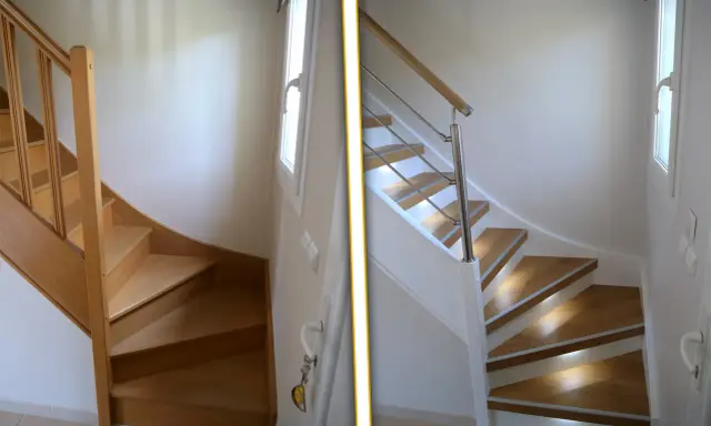 Avant/après : modernisation d'un escalier bois. L'ancien bois brut laisse place à un design épuré avec garde-corps moderne et marches lumineuses.