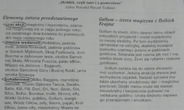 Notatki z lektury "Hobbit, czyli tam i z powrotem". Opis świata przedstawionego, w tym miejsc i bohaterów, oraz charakterystyka Golluma.