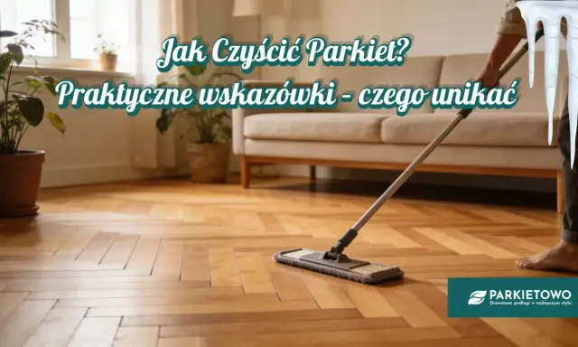 Osoba czyści parkiet mopem. Praktyczne wskazówki dotyczące czyszczenia parkietu i czego unikać, aby podłoga służyła latami.
