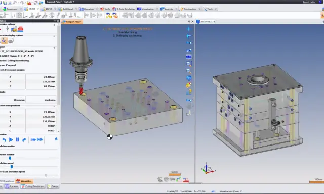 Simulazione CAD/CAM di una fresatura su una piastra di supporto. Il software mostra il processo di foratura, evidenziando il significato del cad cam nella produzione.