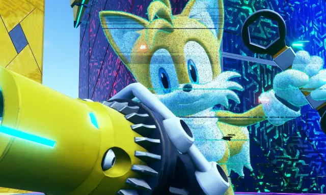 Tails z Sonic Frontiers naprawia coś przy użyciu klucza.
