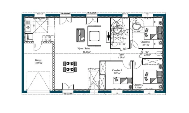 Plan d'un modèle de maison moderne avec garage, séjour spacieux, 3 chambres, salle d'eau et WC.