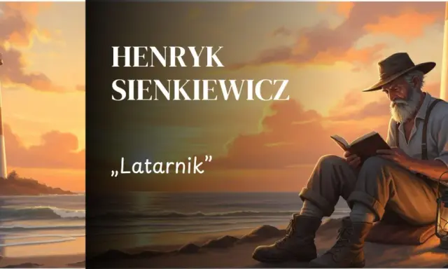 Latarnia morska na tle zachodzącego słońca, obok siedzący starszy mężczyzna czytający książkę.