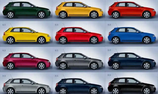 Doce coches Audi S3 en diferentes colores, incluyendo un elegante color gris coche.