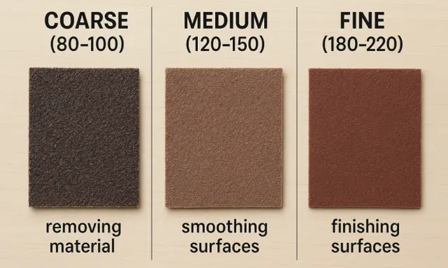Tres lijas para pared de diferentes granos: gruesa para remover material, media para alisar y fina para acabado.