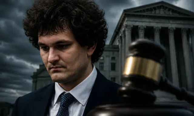 Sam Bankman-Fried w garniturze, zamyślony, na tle sądu i młotka sędziowskiego.