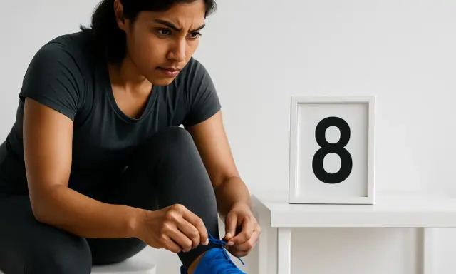 Donna si allaccia le scarpe da corsa, pronta per il suo programma corsa per dimagrire. Il numero 8 in un quadro suggerisce il giorno 8 del suo percorso.