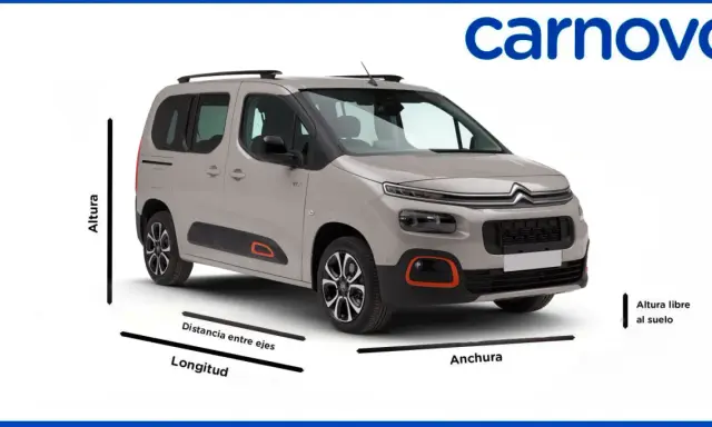 Vista frontal de un Citroën Berlingo con indicaciones de sus **citroen berlingo medidas**: longitud, distancia entre ejes, altura y altura libre al suelo.