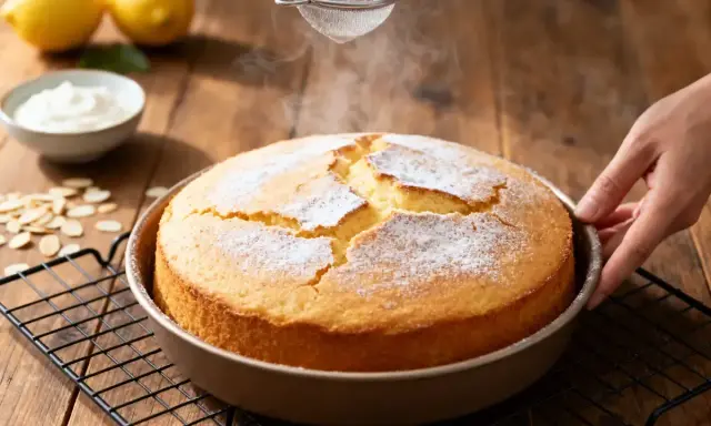 Un délicieux gâteau sans beurre, saupoudré de sucre glace, sort du four. Des citrons et de la crème sont à proximité.