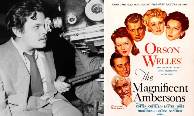 Orson Welles bakom kameran, bredvid en affisch för hans film "The Magnificent Ambersons".
