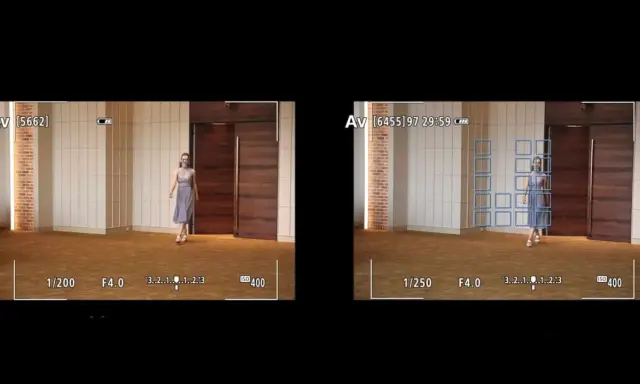 Due inquadrature mostrano una donna in un abito grigio. La seconda inquadratura evidenzia cosa vuol dire AF con una griglia di punti di messa a fuoco.