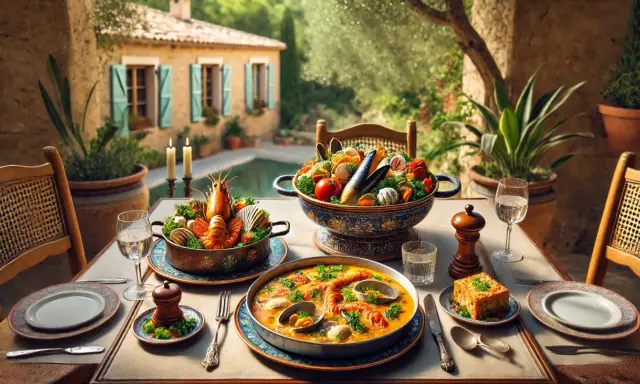 Un festin de spécialités provençales : homard, fruits de mer et bouillabaisse sur une table dressée en terrasse, avec une piscine et une villa en arrière-plan.
