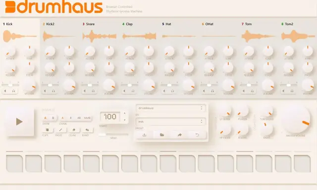 Interface de machine rythmique avec des pistes de batterie, des potentiomètres et un séquenceur pour créer un rythme accompagnement batterie.