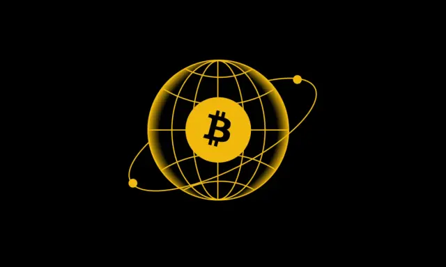 Żółta kula ziemska z symbolem Bitcoina w środku. Dowiedz się, jak płacić bitcoinem globalnie.