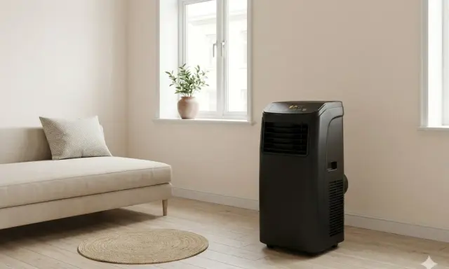Un salon moderne avec un canapé beige, un tapis rond en jonc et un climatiseur Klarstein noir discret.