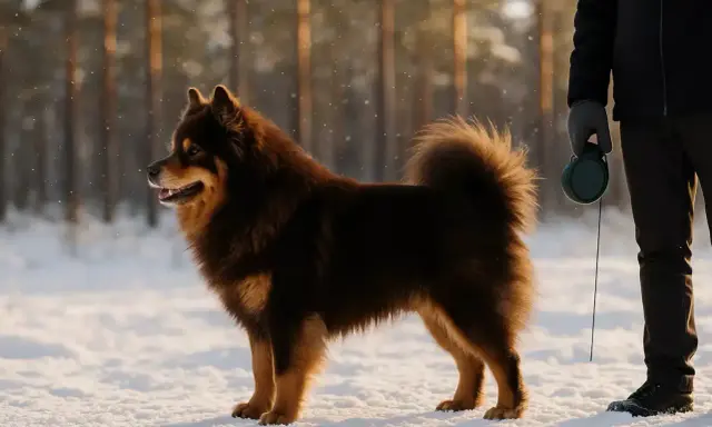 A brown Finnish Lapphund stands in the snow next to a person holding a leash.