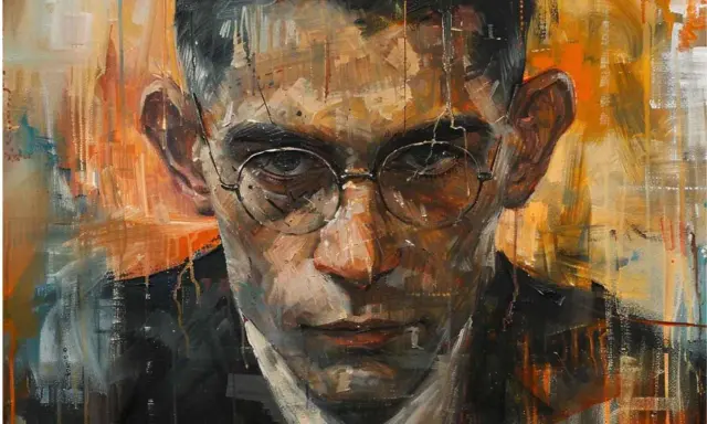Ritratto intenso di Franz Kafka, con pennellate vibranti e un'espressione enigmatica che cattura l'essenza delle sue opere.