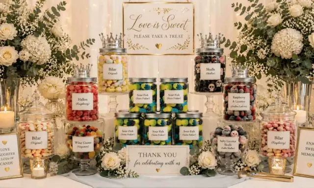 Mesa de dulces para bodas, con frascos de chuches como preparar bolsas de chuches originales. Flores y velas decoran.
