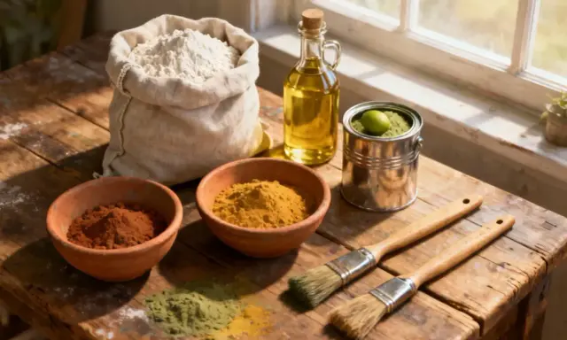 Sacs de farine, bols de pigments naturels pour peinture à la farine (ocre, curcuma, vert), huile et pinceaux sur une table en bois.