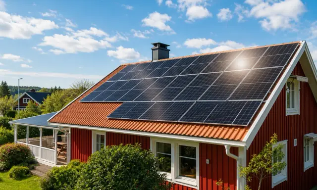 Rött hus med solpaneler på taket, en del av ett **solar edge**-system som fångar solens energi.