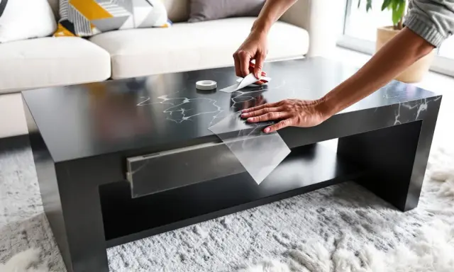 Mains appliquant un film adhésif marbré pour customiser une table basse noire.