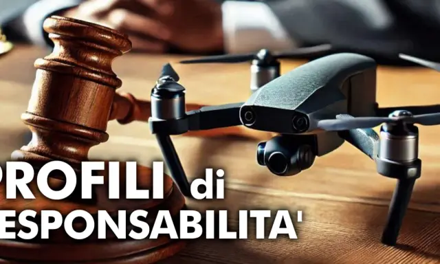 Martelletto del giudice e drone, per discutere i profili di responsabilità e le possibili conseguenze, come una multa per drone senza patentino.