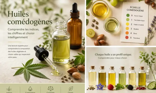 Huiles comédogènes : comprendre les indices pour choisir la meilleure huile pour votre peau. Échelle de comédogénicité affichée.