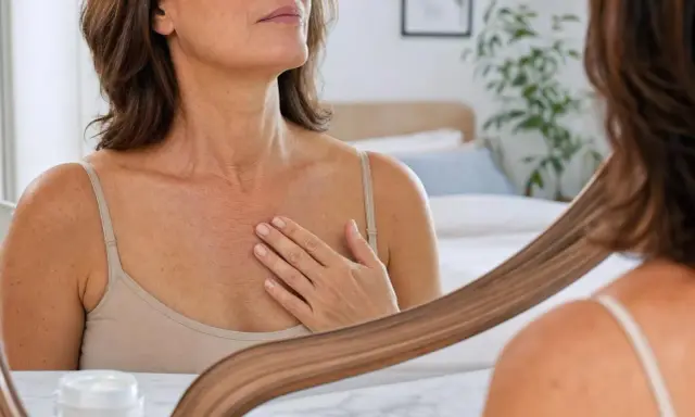 Une femme examine son décolleté dans un miroir, sa main effleurant doucement les rides.
