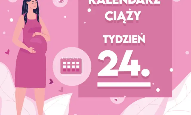 Kobieta w 24 tygodniu ciąży, który to miesiąc, trzyma się za brzuch. Obok kalendarz i napis "Kaledarz ciąży tydzień 24".