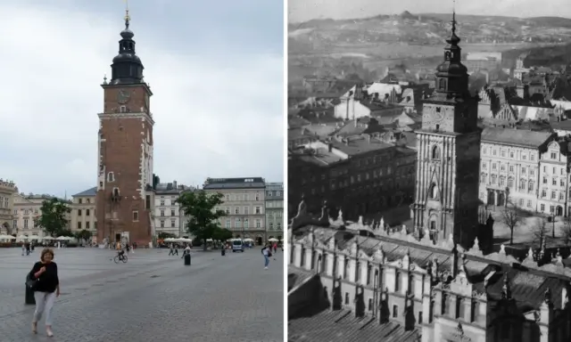 Wieża Ratuszowa na Rynku Głównym w Krakowie, porównanie współczesnego widoku z historycznym. Ile lat ma Kraków? Tysiąc lat historii w jednym kadrze.