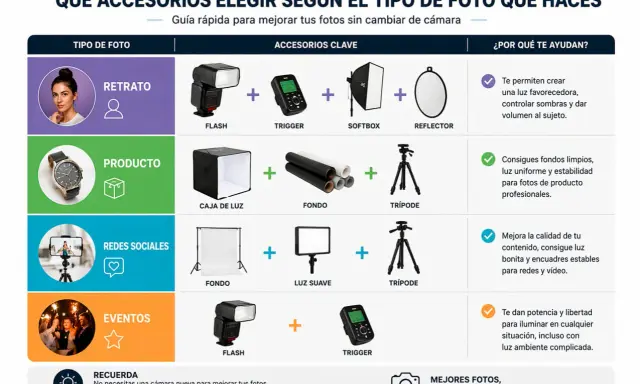 Guía para elegir accesorios de fotografía: flash, softbox, trípode y más. Ideal para echar una foto perfecta en retratos, productos o eventos.