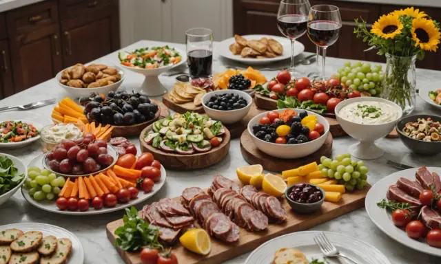 Un apéritif dinatoire généreux : charcuteries, fromages, fruits frais, légumes croquants et dips variés, prêt à régaler.