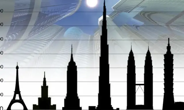 Porównanie wysokości wieżowców: Wieża Eiffla, Pałac Kultury, Empire State Building, Burj Dubaj, Petronas Towers, Taipei 101. Burj Khalifa wysokość robi wrażenie.