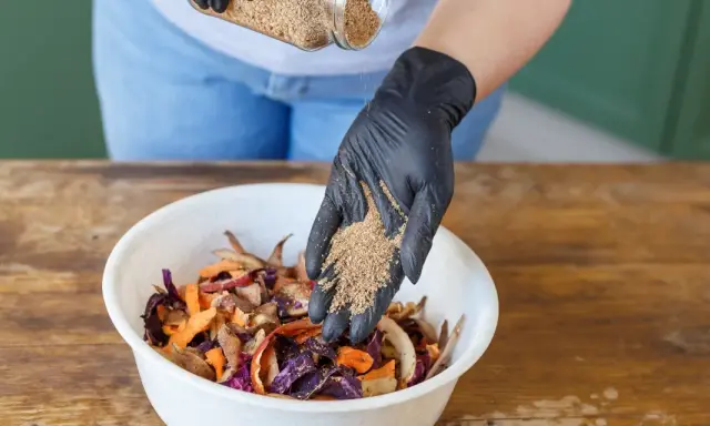 Ajout de bran de riz pour le bokashi maison. Des restes de légumes colorés attendent dans un bol blanc.