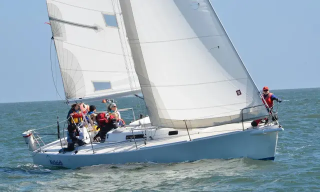 Un voilier blanc navigue sur une mer agitée, avec plusieurs personnes à bord. Le soleil brille, les voiles sont gonflées par le vent.
