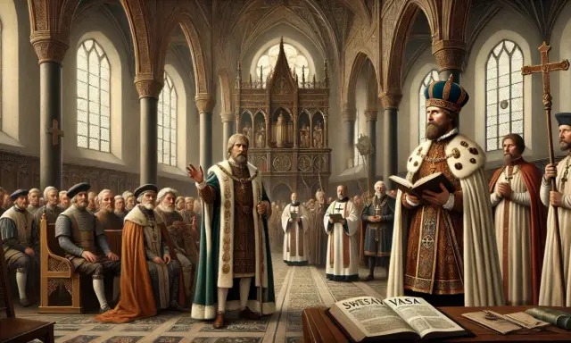 Kung Gustav Vasa läser ur en bok, omgiven av präster och adelsmän i en kyrka. Scenen skildrar reformationen i Sverige.