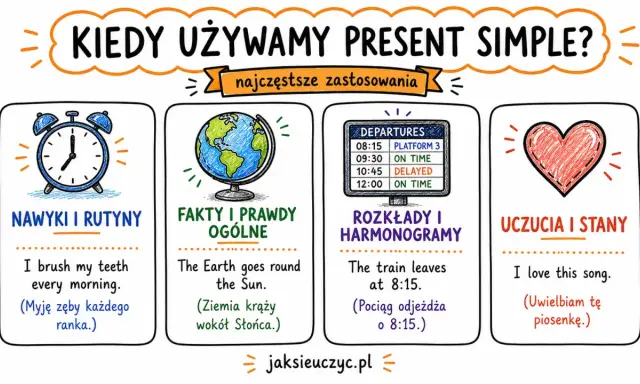 Kiedy używamy Present Simple? Nawyki (budzik), fakty (Ziemia), rozkłady (pociąg) i uczucia (serce).