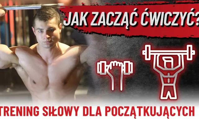 Młody mężczyzna z wyćwiczonymi ramionami trzyma sztangę. Obok ikony hantli i sylwetki podnoszącej ciężar. Temat: trening siłowy dla początkujących.