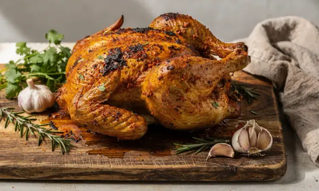 Pollo a la brasa dorado y jugoso, servido en tabla de madera con ajo, romero y cilantro. ¡Un festín para los sentidos!