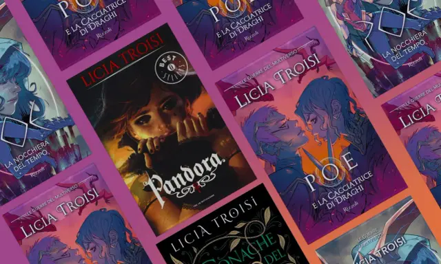 Copertine di libri di Licia Troisi: "Pandora", "Poe e la cacciatrice di draghi", "La nocchiera del tempo" e "Le guerre del multiverso".