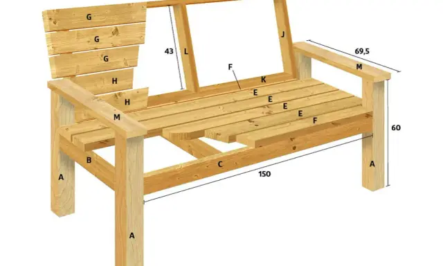 Ritning för att bygga enkel bänk ute. Visar delar och mått för en träbänk.